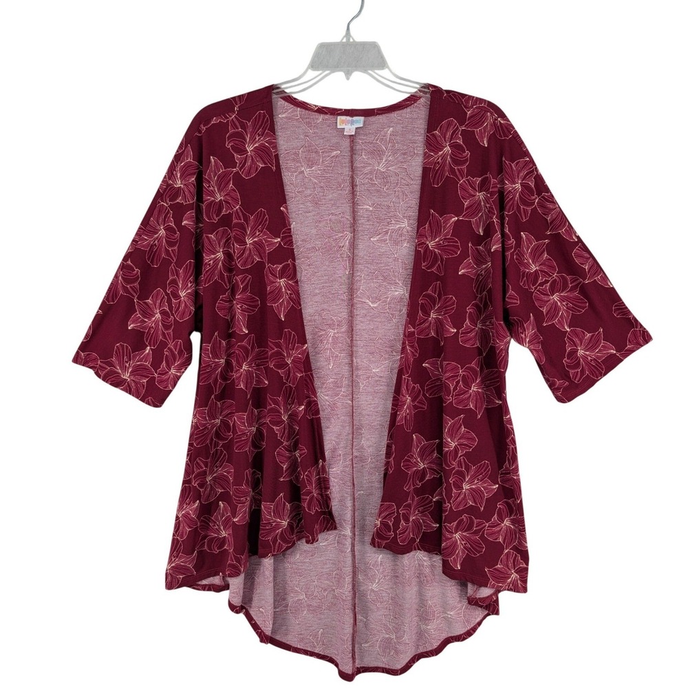 Tropical‎ Kimono Cardigan Sm Maroon Hibiscus Floral Open Front 3/4 Sleeve